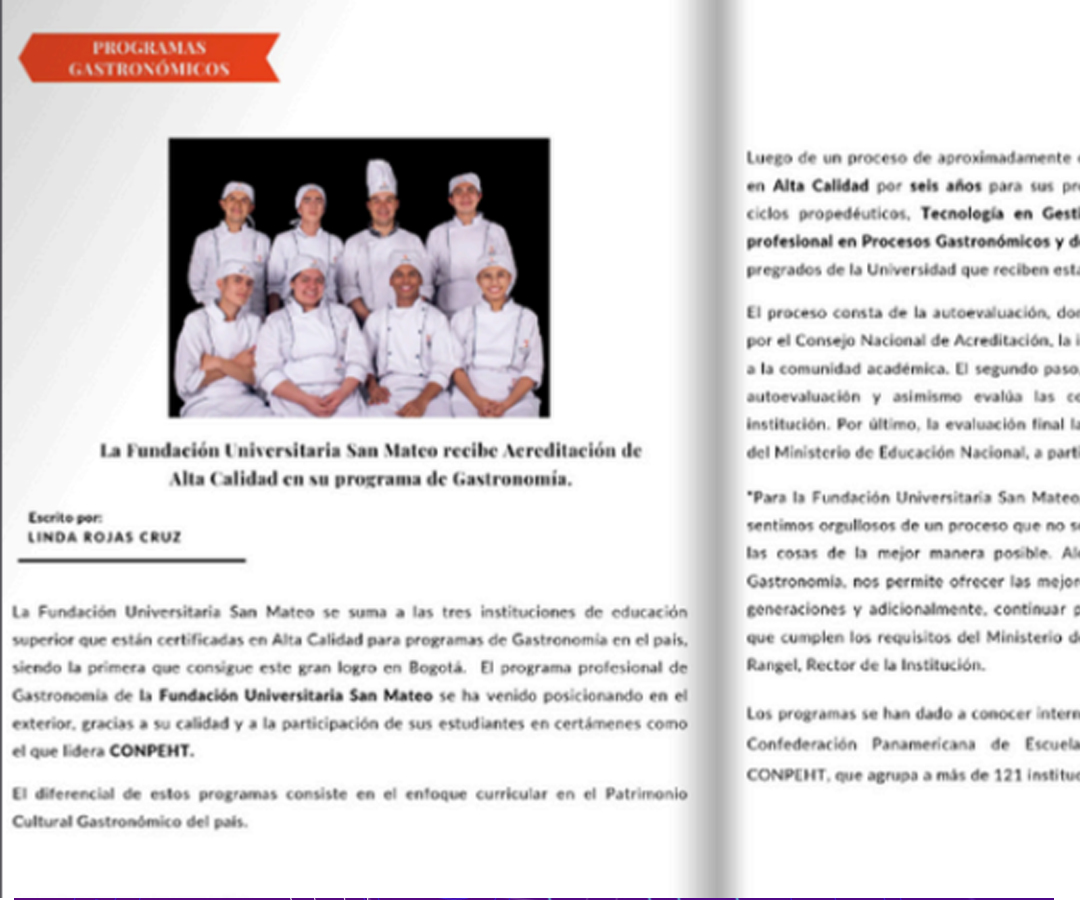 La Fundación Universitaria San Mateo recibe Acreditación de Alta Calidad en su programa de Gastronomía